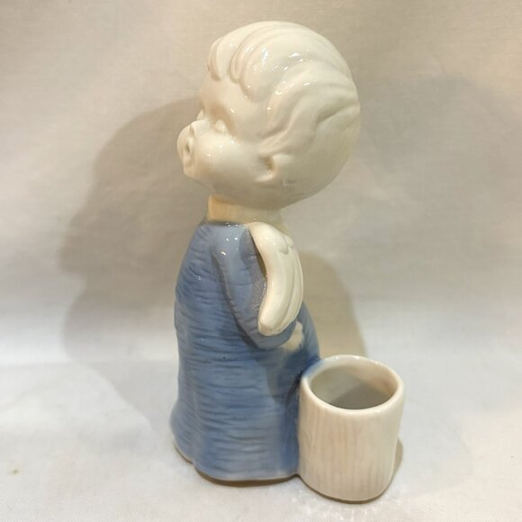 VTG Japan Sanmyro Blue and White Ceramic Angel Figurine 5" Planter Candle Holder - Picture 3 of 7